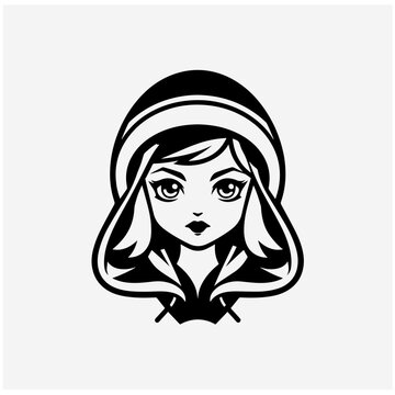 Evil princess character, simple black and white illustration, flat 2D style, monochromatic, line art