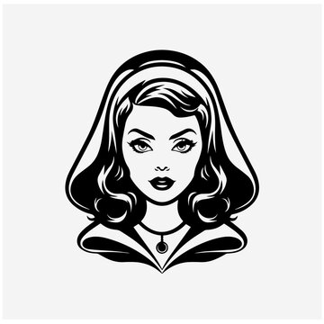 Evil princess character, simple black and white illustration, flat 2D style, monochromatic, line art