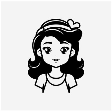 A young woman illustration, flat 2D style, black line art
