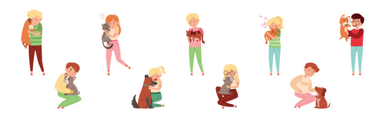 People Pet Owner with Domestic Animal Vector Set