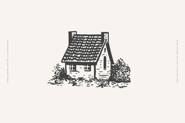 Hand drawn image of an old small house with tiles and a garden on a light background. Retro picture for your design. Vector illustration in vintage engraving style.
