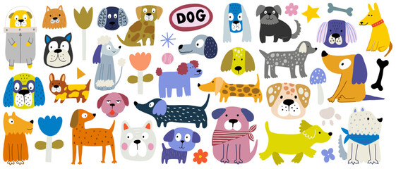 Funny dog, colorful flat illustration. Cute doggy collection, diverse domestic dogs.