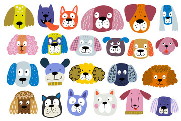 Funny dog animal head icon cartoon set in quirky colorful flat illustration style. Cute doggy pet face collection, diverse domestic dogs