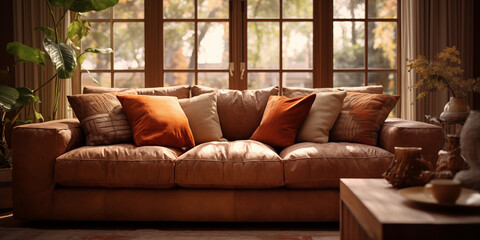 Fototapeta premium Modern living room interior design in peach fuzz colors. Living room decoration with peach colors, Peach fuzz color, close view, color of the year 2024 concept, living room interior design