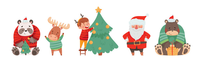 Funny Christmas Character with Boy, Panda, Elk, Santa and Bear Vector Set