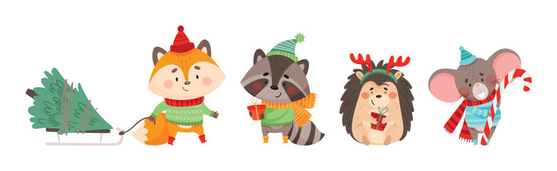 Funny Christmas Character with Fox, Raccoon, Hedgehog and Mouse Vector Set