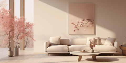 Modern living room interior design in peach fuzz colors. Living room decoration with peach colors, open living room  concept. color of the year 2024 concept, living room interior design