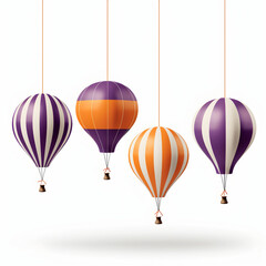 5 flying balloons with a purple and orange striped pattern and a passion fruit hanging from the rope under the flying balloon, with a white background and shadows