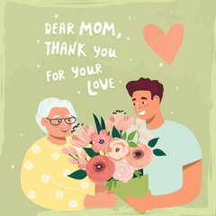 Mother's Day poster with adult son and elderly mother.Cartoon background with characters,bouquet of flowers and hand lettering Thank you,mom.Card with floral composition and heart.Vector  illustration