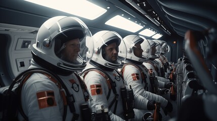 Astronauts seating inside a spaceship peparing for the rocket launch