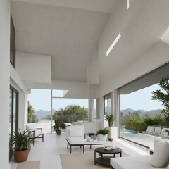 view of interior terrace art deco style , minimalist, cozy, sleek, with a view with a good angle lenses with long focus, high detail.