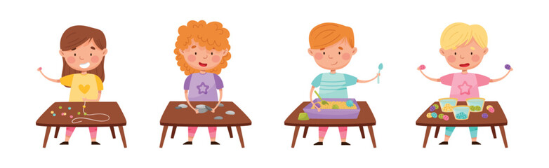 Creative Kid at Table Engaged in Handcraft Activity Vector Set