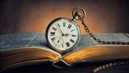 The clock lies on an old book. Clock as a symbol of time, the book is a symbol of knowledge and science.  Concept of time, history, science, memory, information. 