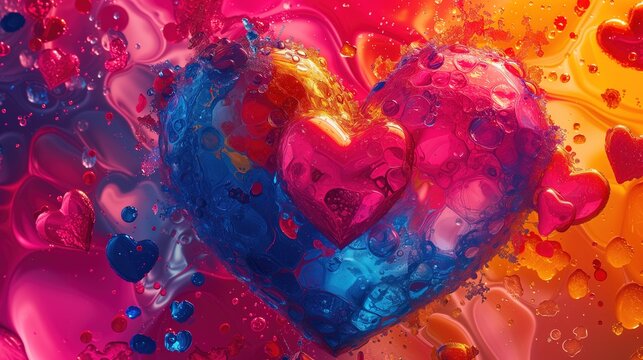 Heart shaped bubbles in the water, liquid art, blue pink and orange colors. 