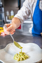Chef cocina lomo de merluza a la plancha con judías verdes verdinas guisadas en un plato blanco de loza de un restaurante
