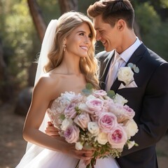 Bride and groom wedding couple with a bouquet of light rose and white color flowers
