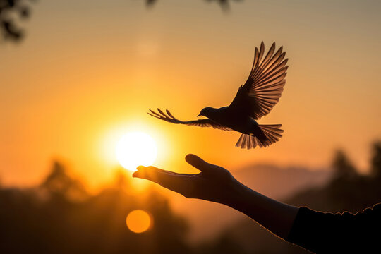 International Bird Day, memorial Day, a bird takes off from a hand, a pigeon in flight, sunset or dawn light