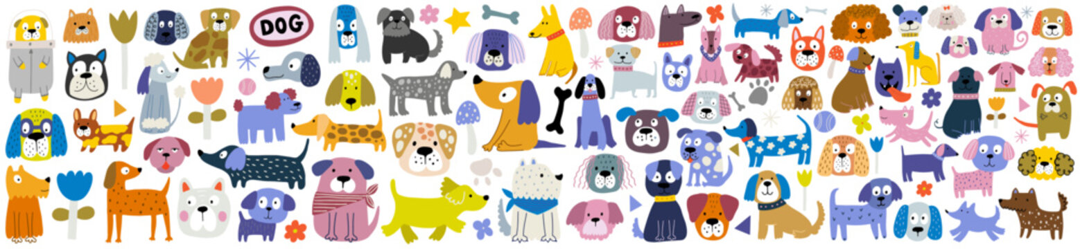 Funny dog, colorful flat illustration. Cute doggy collection, diverse domestic dogs.