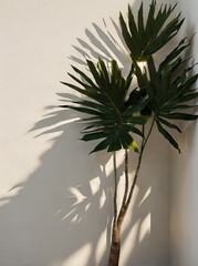 Fototapeta na wymiar Shadow of palm leaves on white concrete light beige wall