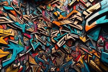 A 3D background of a vibrant graffiti wall, with intricate details and bold colors