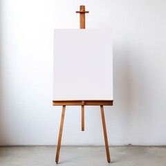 wooden easel with blank canvas against white wall