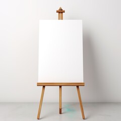 wooden easel with blank canvas against white wall