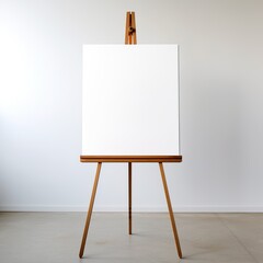wooden easel with blank canvas against white wall