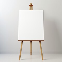 wooden easel with blank canvas against white wall