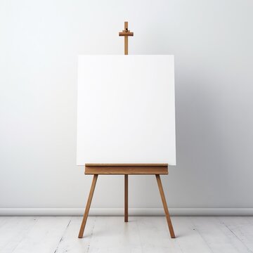 wooden easel with blank canvas against white wall
