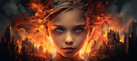 A fiery-haired girl stares fiercely into the viewer's soul, her human face a mesmerizing blend of cg artwork and stunning portrait art - obrazy, fototapety, plakaty