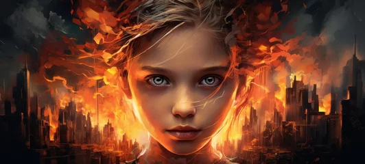 Fotobehang A fiery-haired girl stares fiercely into the viewer's soul, her human face a mesmerizing blend of cg artwork and stunning portrait art © Dacha AI