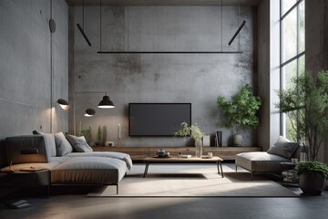 concrete wall living room in a modern loft