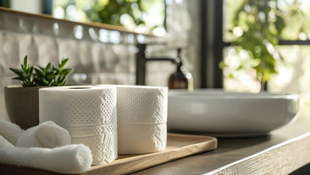 rolls of toilet paper sitting on table next to sink, in the style of modern urban