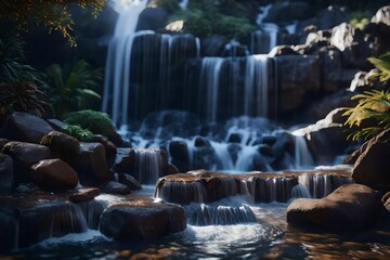 A 3D image of a cascading waterfall, with realistic water textures and surrounding rocks