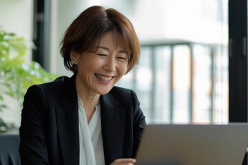 パソコンに向かって笑う年配の日本人女性（打ち合わせ・商談・リモート会議）