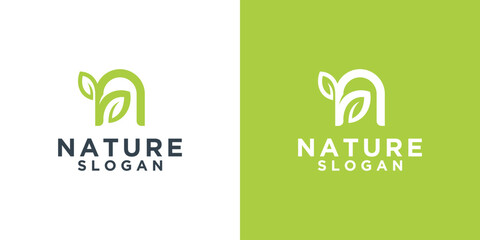 Nature logo template, initial letter N with a combination of the letter N and green leaves. organic plant logo - obrazy, fototapety, plakaty