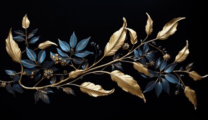 Black and gold foliage background with gold leaves, luxury 3d background template
