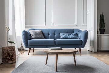 a cozy blue sofa and a wooden coffee table in a straightforward white apartment