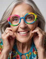 Boho Elegance: Playful Senior Woman in Stylish Laughter with colorful glasses  