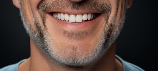 Obraz premium Smiling man stomatology. Man smiling with perfectly clean teeth close up. Photo. Horizontal banner.