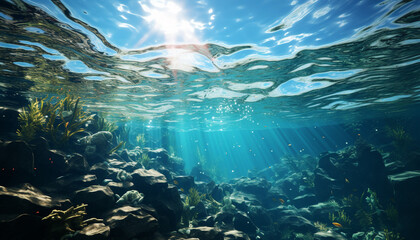 Fototapeta na wymiar Underwater beauty in nature, fish swimming below generated by AI