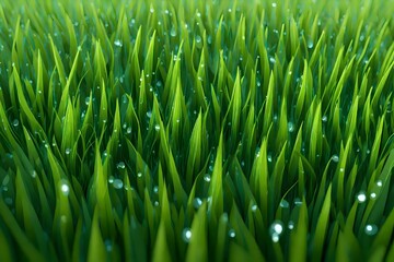 Fototapeta na wymiar A 3D grass texture with individual blades and dewdrops, creating a fresh, morning feel
