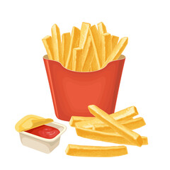French fry stick potato in paper box. Vector color realistic illustration.