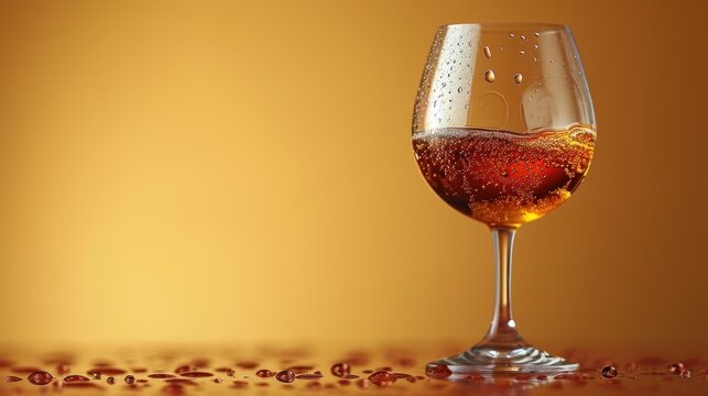  a close up of a wine glass on a table with drops of water on the glass and a yellow background.