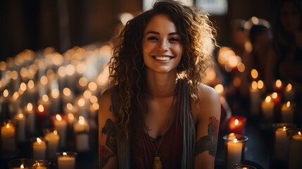 A woman smiling in front of candles in a room