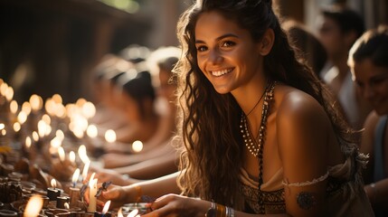 A women smiling at the candlelit table at an event