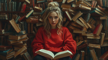 Norvegian woman in a red sweatshirt and black pants, surrounded by readers with books in their hands