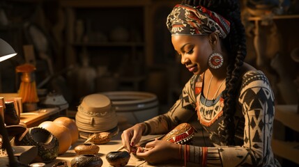 African woman works on pottery in her studio