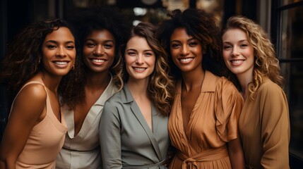 A group of multicultural women are smiling together
