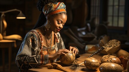 African women uses traditional african carving skills to make traditional pots and gourds